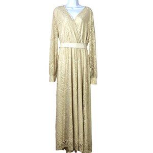 Karen-T Design Womens Lace Maxi Faux-Wrap Dress 2X Beige Long Sleeve Elegant Gow
